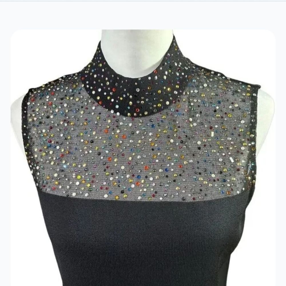 St John New Year Collection Black Sleeveless Top with Colorful Beaded Mesh Petit